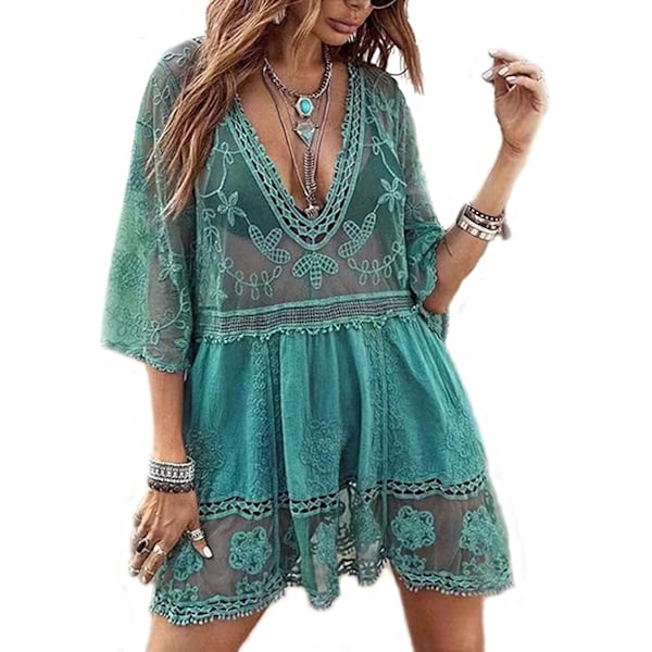 Dame Strandkjoler Hæklet Blonde Bikini Cover Up Gennemsigtig Udhulet Blomstret Strandtøj 3/4 Ærme