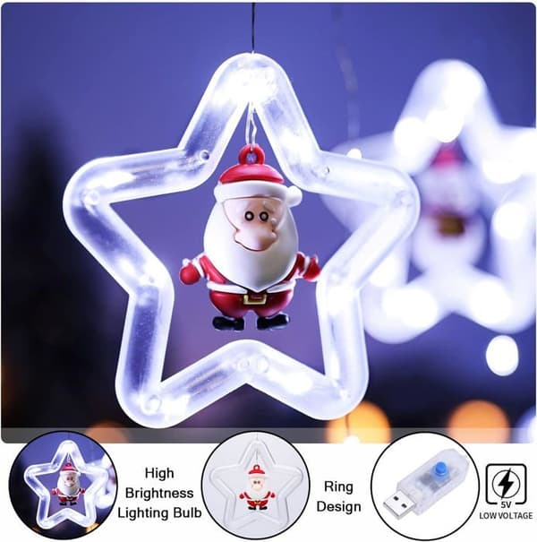 Julgransbelysning, 3m, stjärnformade gardinlampor, USB-driven, julgransbelysning, kallvit