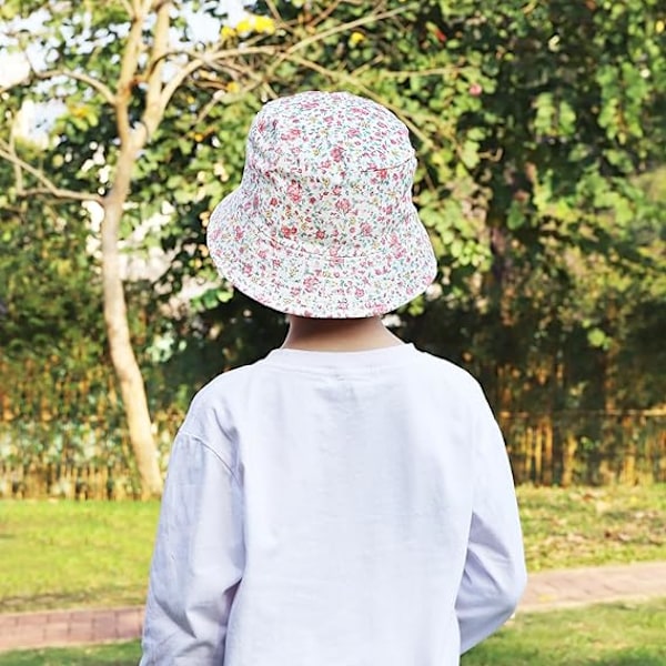 Baby Solhatt, Småbarn Bøttehatt, Sommerfiskehatter for Barn Gutter Jenter, Bredbremmet Strandhatt Dinosaur Fiskehatt med Hakestropp Pink Flower