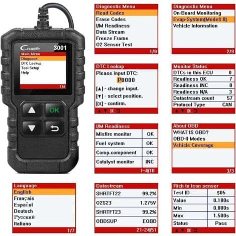 Launch CR3001 OBD2-skanner for bensin- og dieselbiler – Les og slett feilkoder – EVAP-systemtest – Visning av livedata