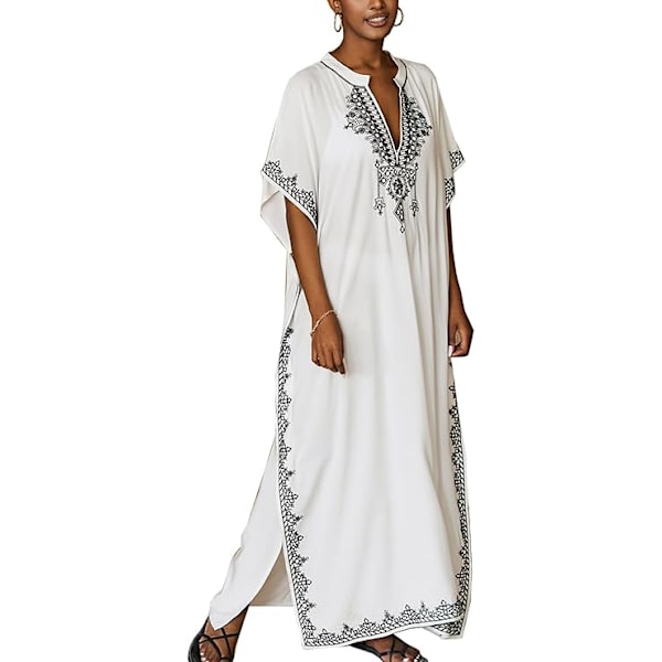Kaftan med blomsterbroderi, bohemisk strandklänning, bikiniöverdrag, lång strandkaftan för kvinnor