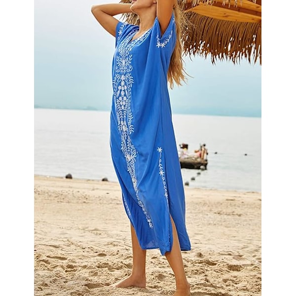 Dame Broderi Kortærmet Bikini Badedragt Cover Up Side Slids Strand Kaftan Kjole