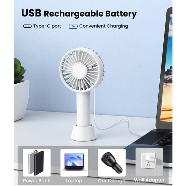 Mini bærbar ventilator, 5 hastigheder, med base, USB genopladelig ventilator, velegnet til udendørs brug