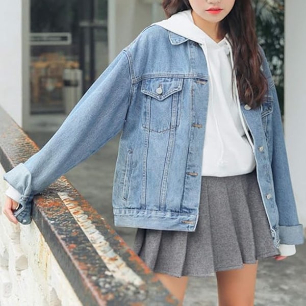Oversized denimjakke til kvinder, langærmet boyfriend-jeansjakke, løs frakke