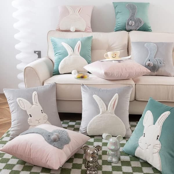 Påskörngott 45x45cm 1/2-pack – Sammet Påskhare Kudde, Påskdekoration Prydnadskudde Vårdekoration Grå 2 Kaniner Gray Rabbits