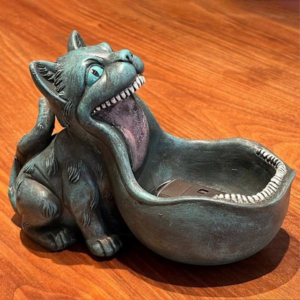 Halloween Godteriskål Resin Skummel Stor Munn Katt Statue Godterifat Gotisk Katt Nøkkelbolle for Skrivebord Inngangsbord Blue