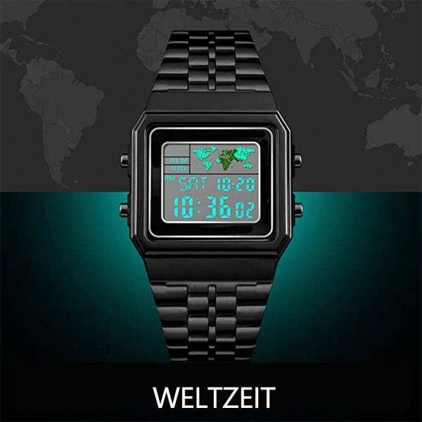 Digital klocka för män Stoppur Band Alarm Världstid Datum Vecka Metallarmband Utomhus Business Klocka