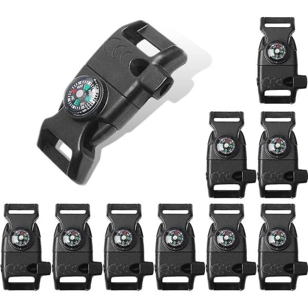 10 stk. Sort 5/8\" Kompas Flint Skraber Ildstarter Fløjte Spænde Plastik Paracord Armbånd Udendørs Camping Nødrejsepakke (Sort)