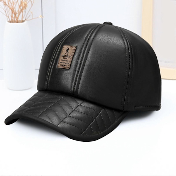 Höst Vinter Skärmmössa Faux Läder Vindtät Förtjockad Plysch Enfärgad Kupol Mjuk Varm Lång Skärm Halkfri Medelålders Herr Baseballkeps Black