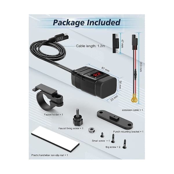 Motorcykel USB-oplader med USB-C PD & QC 3.0, dobbelte porte, voltmeter