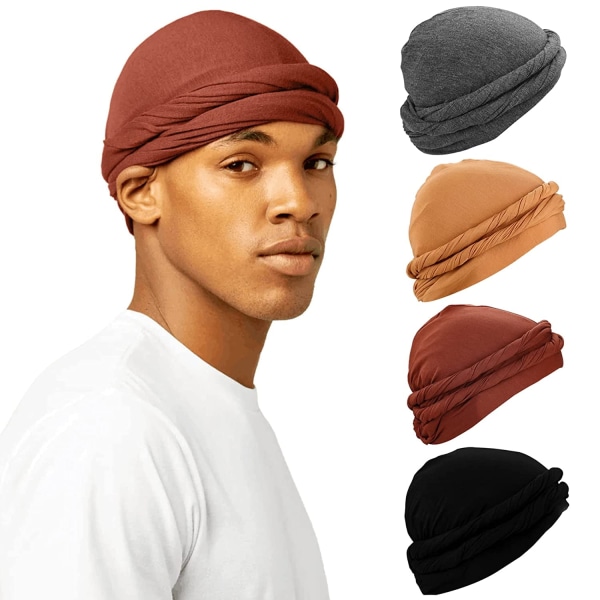 4 ST Turban för män Halo Turban Durag Vintage Turban Twist Head Wraps Elastisk Modal och satinfodrad Turban Scarf Tie för hår Color1