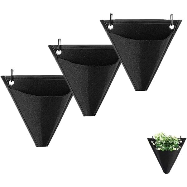 3 st trädgårdsvägg planteringsväska, vertikal planteringsficka, hängande planteringsväska, triangulär design, med krok, för hem, dekoration, gård (svart)