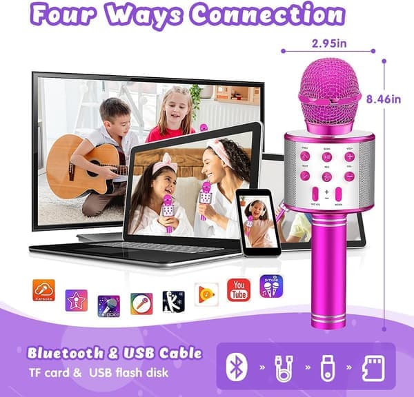 Trådløs Bluetooth-mikrofon for barn, karaokemikrofon for Android/iPhone/iPad/Sony/PC - Beste gaver til jenter/gutter i alderen 4-12 år (rosa)