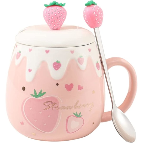 Søde Jordbærkrus Pink Kaffekrus Keramisk kawaii Kop Morgen Te Mælk Frugt Krus med Dejligt Låg Rustfri Stål Ske