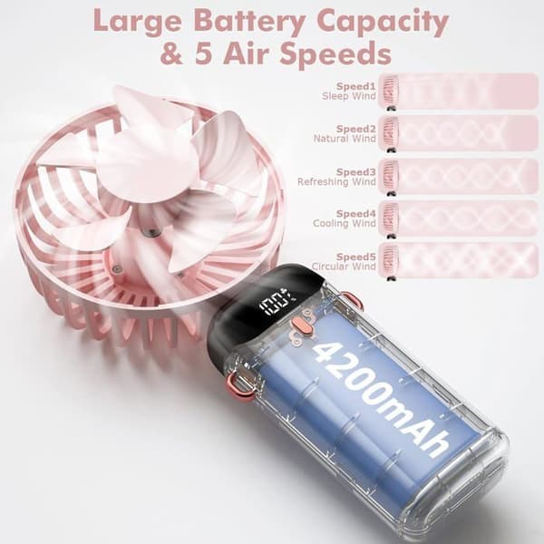 USB genopladelig mini håndholdt ventilator, 5 hastigheder, med base, 4200 mAh batteri, foldbar