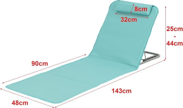 Set med 1 strandmadrass med fällbart ryggstöd, solid struktur, set med vadderade mattor med nackstöd, bärväska, stål, polyester, turkos