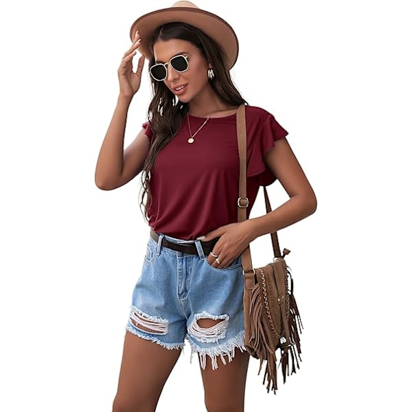 Sommertopper Strikkede Skjorter Casual Ruffle Kortermet Topp Rund Hals Tunika Tanktopper T-skjorte Bluse for Kvinner Wine Red