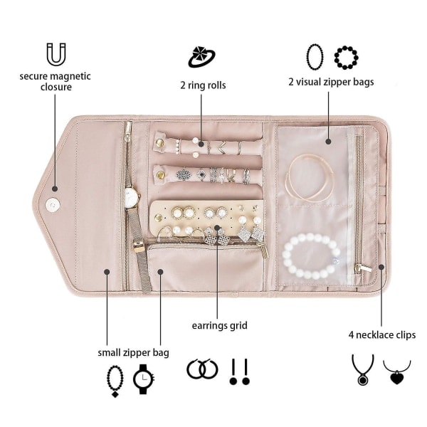 Organiser-etui smykkerull for reise ringer, halskjeder, øredobber, armbånd, rosa