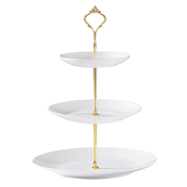 Vit Porslin 3-vånings Keramisk Kakfat Afternoon Tea Porslin Rund Display med Nya Beslag Gold