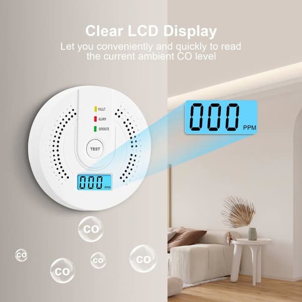 AIMOONSA Kolmonoxiddetektor - Ultra känslig, LCD-skärm, 85 dB, drivs av 2xAA (3-pack)