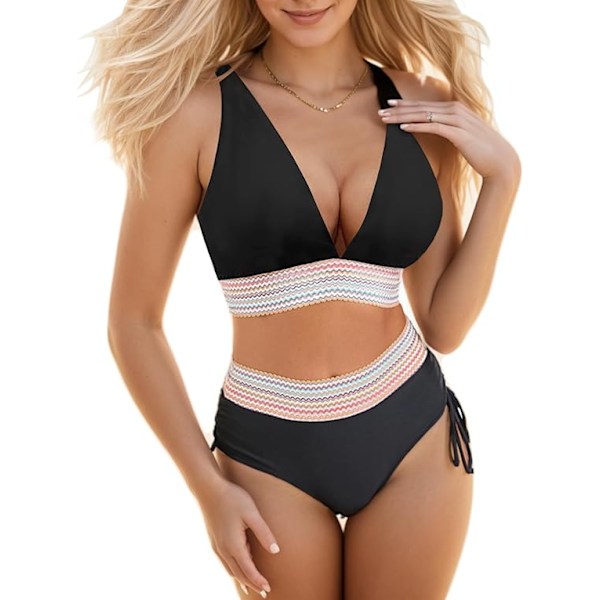 Högmidjad Bikini Set för Kvinnor, Magkontroll Baddräkt med Justerbara Axelband, 2-delad Baddräkt för Strandsemester, Simning, Pool, Semester, Spa