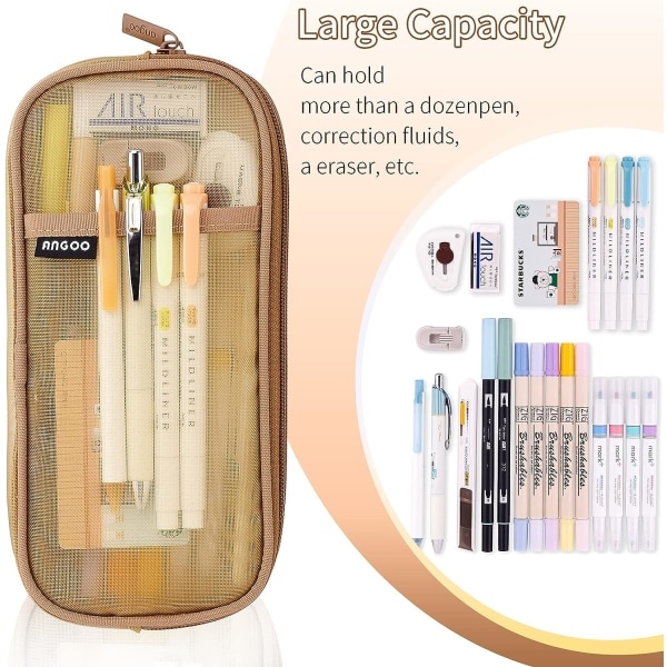 Rutnät Mesh Dragkedja Pennfodral Transparent Makeup Färgväska Kosmetika Väska Multifunktionell Resa Skola Tonåringar Transparent Stationär Väska Khaki
