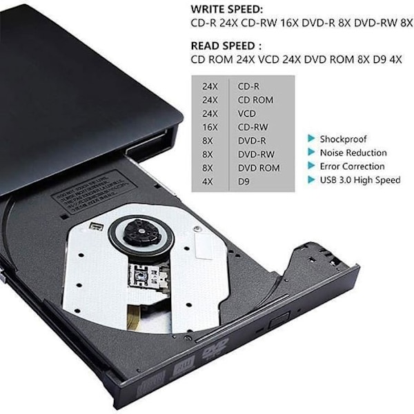 Ulkoinen DVD-asema, USB 3.0 ulkoinen CD DVD -poltin, erittäin ohut kannettava CD DVD -asema +/- R ROM RW -tallennin pöytäkoneelle,