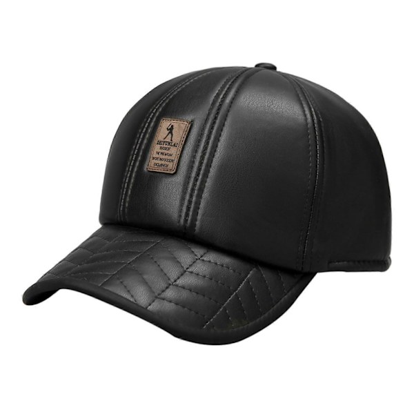 Höst Vinter Skärmmössa Faux Läder Vindtät Förtjockad Plysch Enfärgad Kupol Mjuk Varm Lång Skärm Halkfri Medelålders Herr Baseballkeps Black