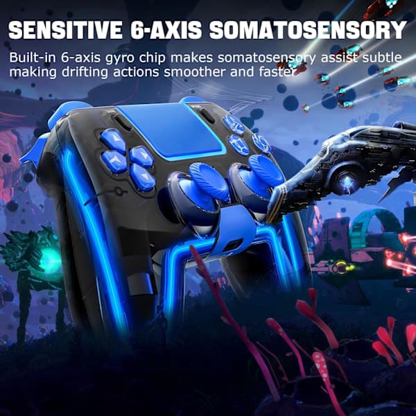 Trådlös PS4-handkontroll med Hall 3D-joysticks/RGB LED-lampor/programmeringsfunktion, spelkontroll för PS4/Slim/P Blå
