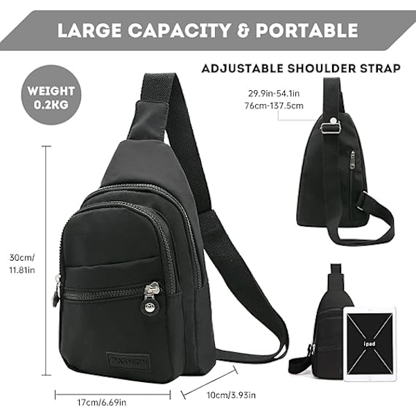 Lång Sling Bag Crossbody Väska för Kvinnor Män, Vattentät Axelväska, Liten Ryggsäck för Resor, Vandring, Löpning negro