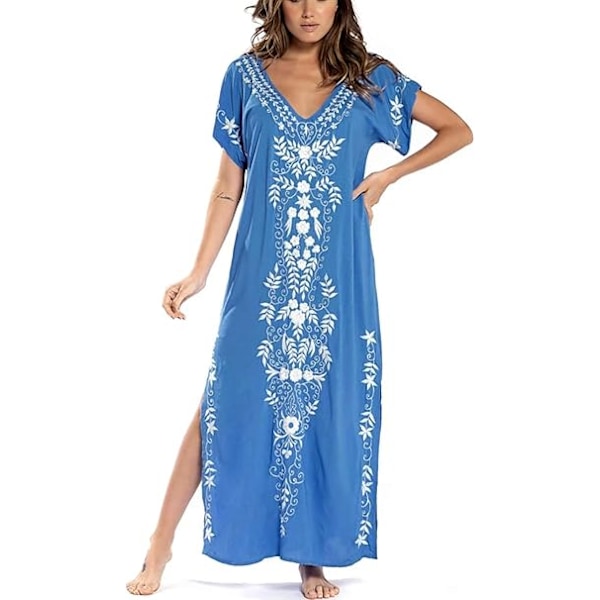 Dame Broderi Kortærmet Bikini Badedragt Cover Up Side Slids Strand Kaftan Kjole