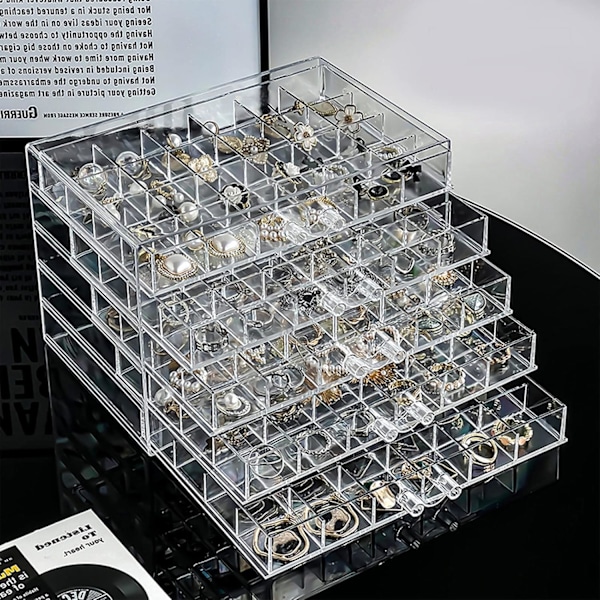 Akryl Smykkeskrin Øreringeholder med 5 Skuffer, 120 Rum Smykkeorganiseringsbakke Klar Ring Display Case til Perler