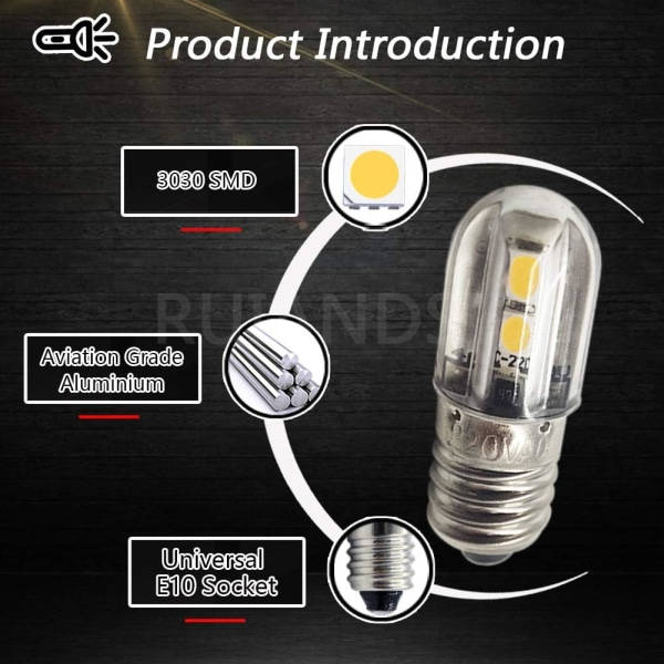 E10 LED-lampa 220V 230V AC energibesparande LED-indikatorlampa 8mm skruvbas 3030 4SMD LED-chipset uppgraderingslampa, varmvit (4-pack)