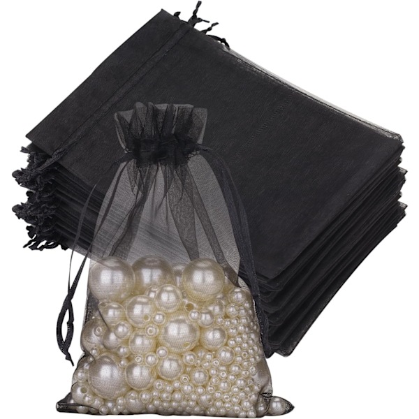 Sorte Organza Gaveposer - 10x15 CM Medium Organza Favor Tasker, 100 STK Bryllups Smykketasker - Klare Mesh Poser til Bryllup, Jul Black 10*15cm