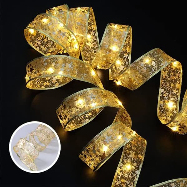 Dekorative juletrelys, 9,75 meter, 100 LED, kobbertråd (5 cm bred, varmt gulllys)