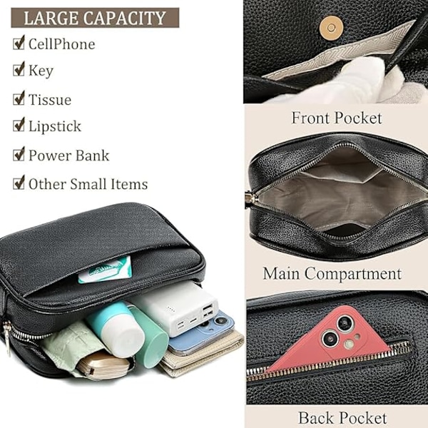 Crossbody-väska för damer, bred rem, medium, svart läder, messenger-väska för damer med justerbar axelrem