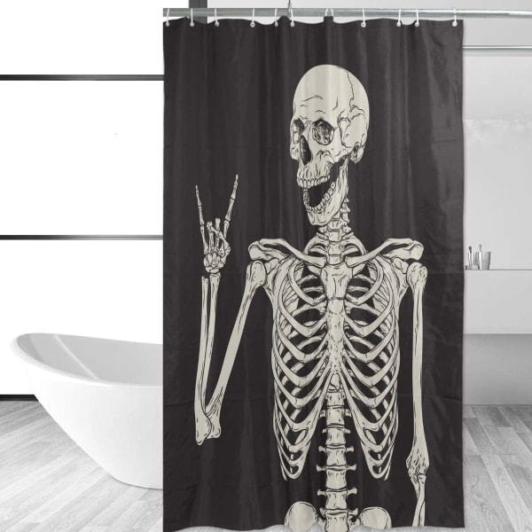 Rock Skelet Bruseforhæng Polyester Vandtæt Candy Skull Sol Sort Baggrund Badeværelse 152x200 cm