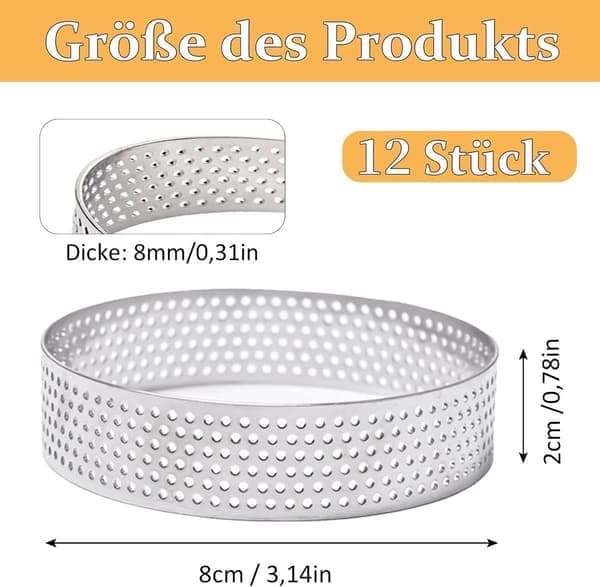 12 stk. 8 cm Mousse Kageform i Rustfrit Stål – Perforerede Bageforme til Desserter, Kager, Tærter – 12 Stykker