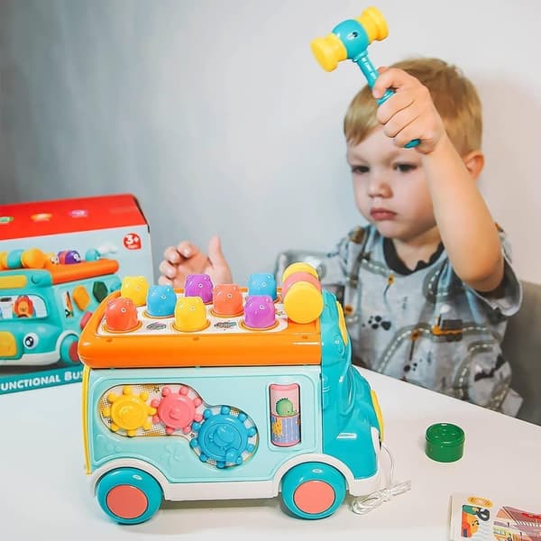 Leker for barn, musikk- og aktivitetsbuss med lys og lyder for småbarn 3–7 år