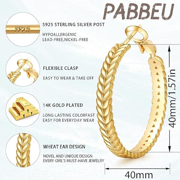 Sterling Sølv Hoop Øreringe, Letvægts 925 Sterling Sølv Hoop Øreringe, Hvede Snoet Hypoallergeniske Brede Guld Hoop Øreringe til Kvinder 30/40/50mm Gold 40mm