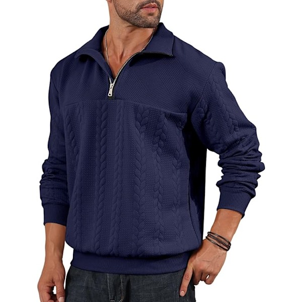 Halv dragkedja tröjor för män stickad pullover jumper långärmad jacquard tröjor Navy blue