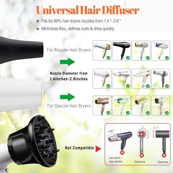 Universal hårtørrer-diffuser, justerbar hårdiffuser til krøllet eller bølget hår, passer til hårtørrer-dyser fra 3,55 cm til 6,6 cm (sort)