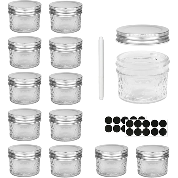 12-pack Små Masonburkar, Glasburkar med Silvermetalllock för Overnight Oats, Sylt, Honung, Bröllopsgåvor, Duschgåvor, DIY Kryddburkar (120 ml)