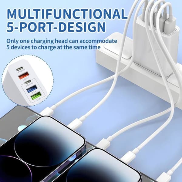 Rask USB-C-lader, 65W 5-ports Multi-USB-plugg, QC3.0 Hurtiglader Multi-adapter