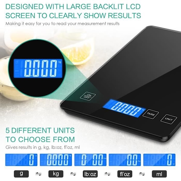 Elektronisk kjøkkenvekt, presisjonsvekt for mat, 10 kg/1 g, 5 enheter, tarafunksjon og automatisk avslåing