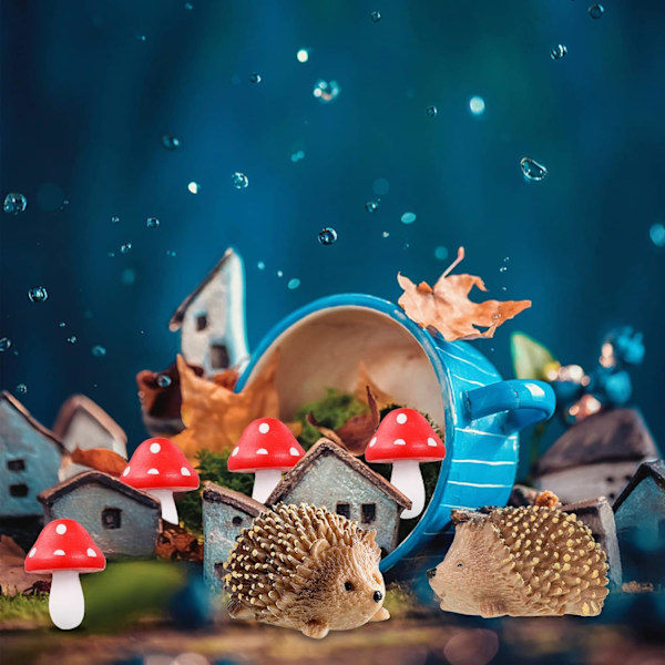 8-pak Miniature Have Tilbehør, 4 Miniature Resin Pindsvin og 4 Træsvampe, Eventyrhave Svampe