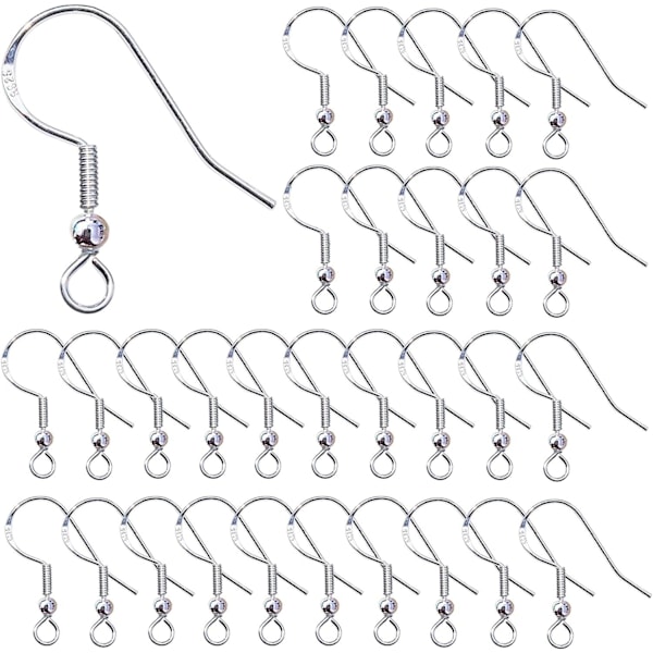 100 stk. Sølv Ørekroker 925 Sterling Sølv Øretråder Fiskekrok Øredobber med Fjærkule for DIY Smykker Tilpasning Laging (Sølv)