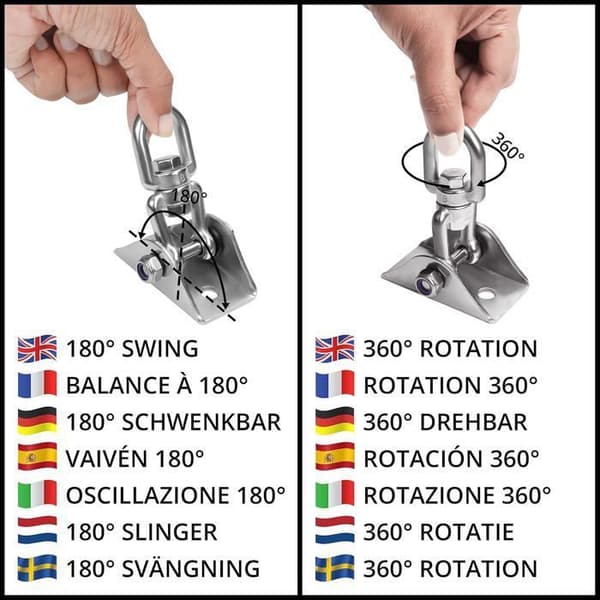 Kraftig loftkrog (1 stk.) - 360° roterende loftkrog i rustfrit stål med skruer - 400 kg bæreevne