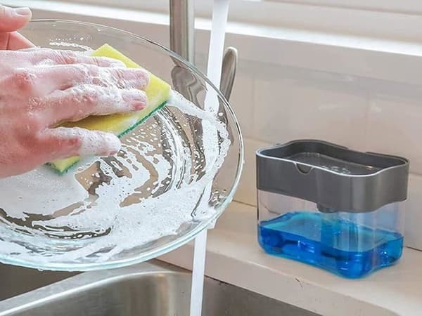 Oppvaskmiddeldispenser med svamp/svampholder og såpedispenser - Vaskorganisator med svamp