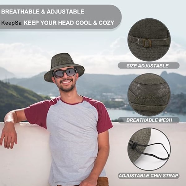Solhatt i bomull UV-skydd Sommarhattar Strandhatt Safari Boonie Hatt Hopfällbar Fiskehatt med Andningsbart Mesh och Justerbar Hakrem Army Green